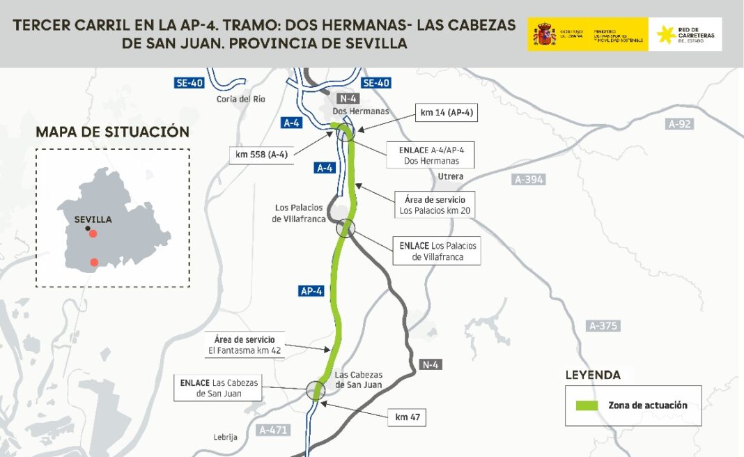 El tramo sevillano de la AP-4 entre Dos Hermanas y Las Cabezas obtiene la aprobación provisional de su tercer carril, valorado en 246,8 millones
